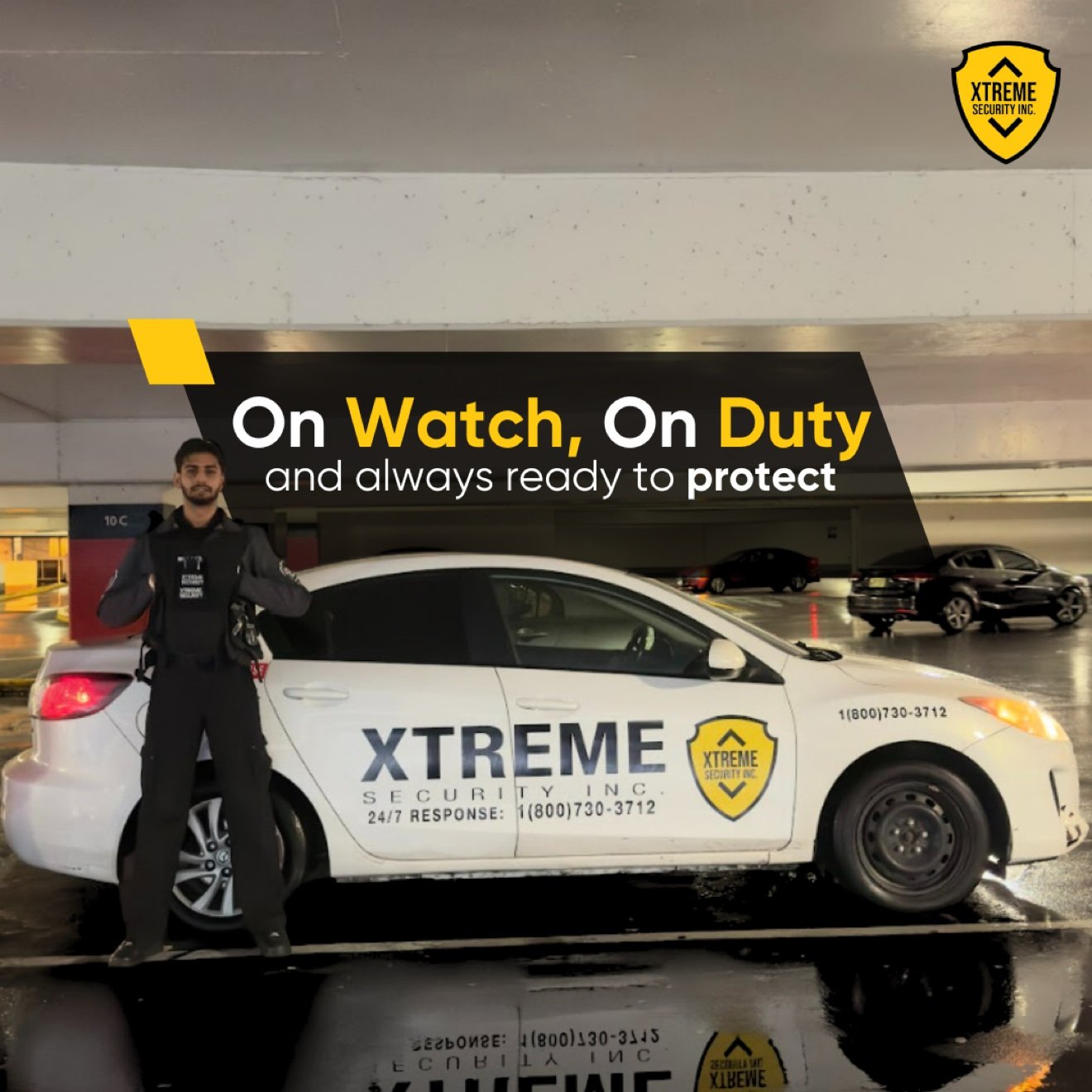 Xtreme Security officer on watch and on duty with patrol car