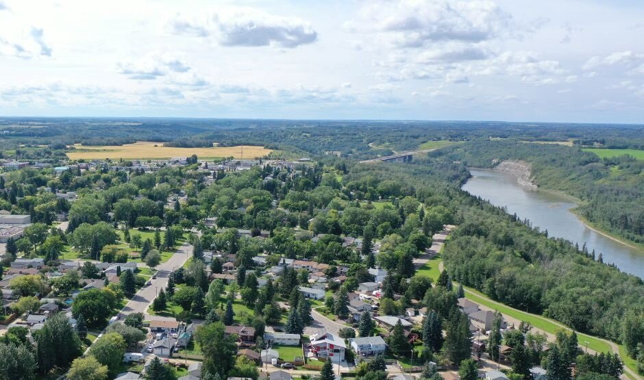 Devon Alberta riverside town aerial