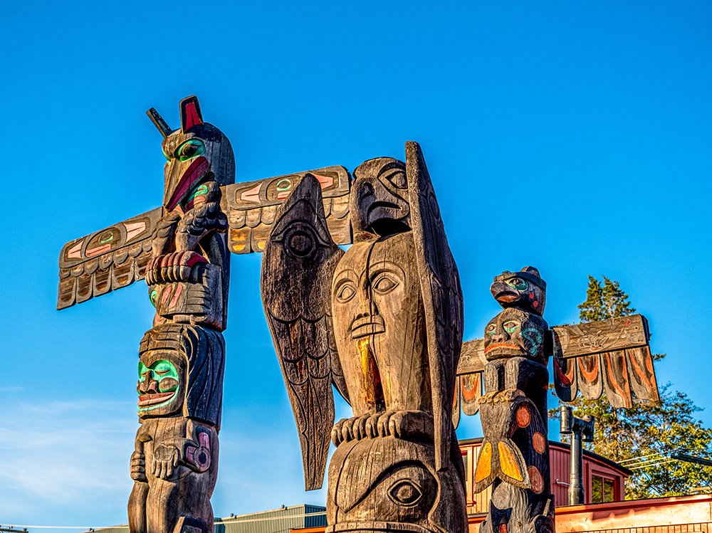 Downtown Duncan BC with totem poles on Station Street