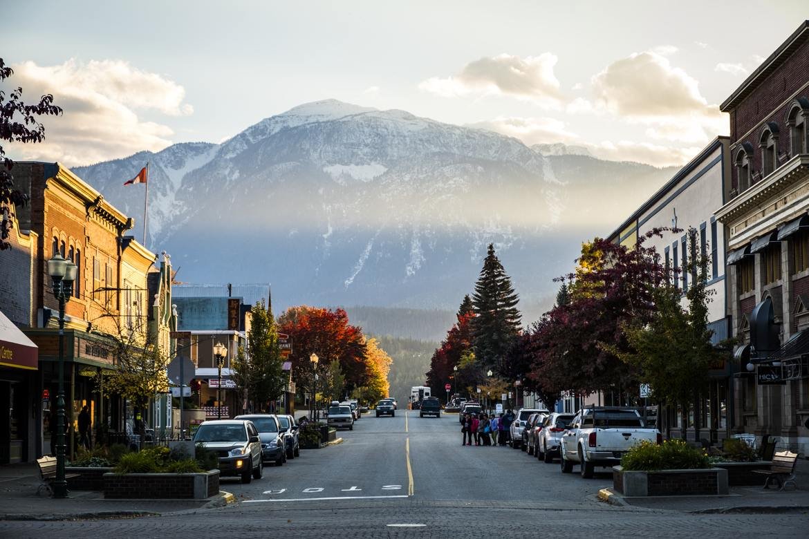 Downtown Revelstoke with mountain backdrop